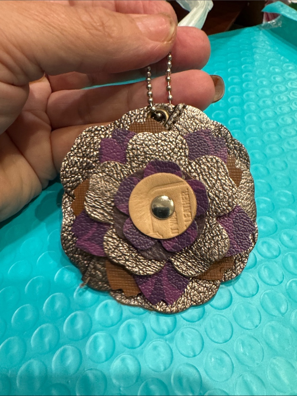 Coach Floral Leather Keychain Pendant in Purple and Tan with Metallic Accents